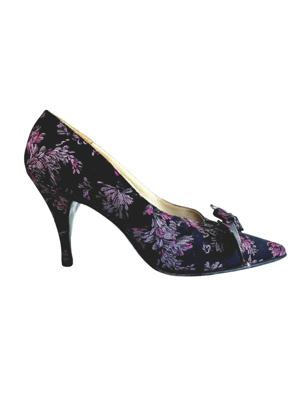 Vintage 1950s Black Purple Silk Brocade Pumps Sz 6.5 Narrow Femme Madrid